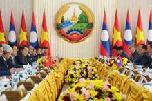 越南国家主席梁强会见老挝政府总理宋赛·西潘敦。