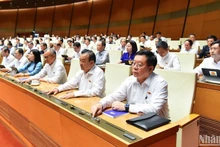 越南国会代表按下表决器表决通过关于2013年《宪法》若干条款修改补充的决议。