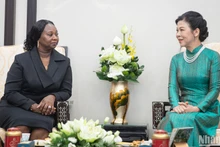 越共中央总书记、国家主席苏林夫人吴芳璃同几内亚比绍总统夫人进行茶叙。