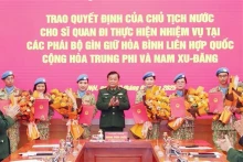 国防部副部长黄春战上将向八名军官授予国家主席和国防部长的决定书。（图片来源：越通社）