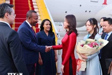 埃塞俄比亚总理阿比·艾哈迈德·阿里和夫人抵达河内内排机场。（图片来源：越通社）