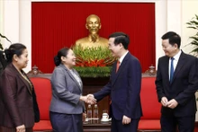 越共中央政治局委员、中央书记处常务书记武文赏会见老挝人民革命党中央政治局委员、中央书记处书记、中央组织部部长西赛•乐迪蒙。（图片来源：越通社）