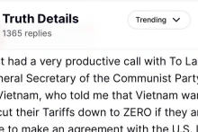 美国总统唐纳德·特朗普在社交网络“真实社交”（Truth Social）上发布与越共中央总书记苏林通电话消息的截图。（图片来源：越通社）