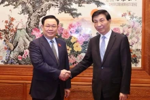 越南国会主席王廷惠会见中共中央政治局常委、全国政协主席王沪宁。（图片来源：越通社）