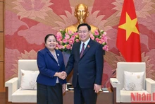 越南国会主席王廷惠会见老挝人民革命党中央组织部部长西赛•乐迪蒙颂。