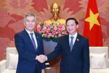越南国会副主席阮克定会见韩国首尔市议会主席金贤基。（图片来源：越通社）