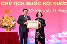 越共中央政治局委员、中央书记处常务书记、中央组织部部长张氏梅向国会主席王廷惠颁发40周年党龄纪念章。