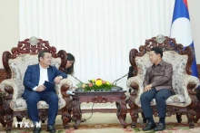 越南化工集团董事长冯光协向老挝政府副总理沙伦塞·贡马西汇报甘蒙省钾盐矿开采与加工项目的实施进展情况。（图片来源：越通社）