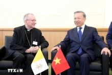 越共中央总书记、国家主席苏林（右）会见梵蒂冈国务卿彼得罗·帕罗林。（图片来源：越通社）