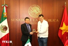 墨西哥参议长赫拉尔多·费尔南德斯向越南驻墨西哥大使阮文海赠送纪念品。（图片来源：越通社）