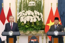 越共中央总书记苏林与印度尼西亚总统普拉博沃·苏比延多共同会见记者。（图片来源：越通社）