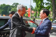 越南国会主席王廷惠欢迎新加坡总理李显龙访越。