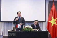 越南国会主席王廷惠在见面会上发表讲话。（图片来源：越通社）