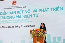 电子商务与数字经济局局长黎黄莺在会议上发表讲话。