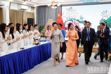 越南国家主席夫人潘氏清心和中共中央总书记、中国国家主席夫人彭丽媛与河内国家大学学生交流 。（如意、维玲 摄）