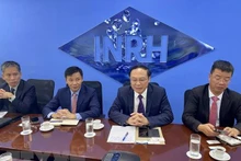 由越南自然资源与环境部副部长黎功成为首的工作代表团与古方代表举行工作会谈。（图片来源：越通社）