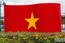 在胡志明市第一郡白腾码头公园竖起的一面大旗帜。（武英 摄）
