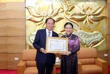 越南友好组织联合会主席阮芳娥向韩国驻越大使朴能运授予“致力于各民族间和平与友谊” 纪念章。