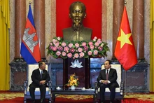 国家主席阮春福会见柬埔寨国会主席韩桑林。（水原 摄）