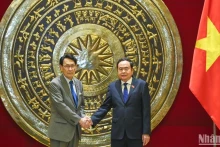 越南国会主席陈青敏会见日本自民党政务调查会长渡海纪三朗。