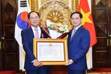 越南外交部长裴青山向韩国驻越南大使朴能运授予友谊勋章。
