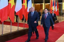 越南国会主席王廷惠与法国参议院议长热拉尔·拉尔歇在会谈结束后出席越法建交50周年系列庆祝活动启动仪式。