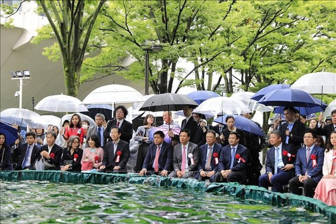 越南代表和日本许多嘉宾欣赏越南传统水上木偶戏。（图片来源：越通社）