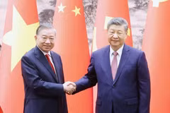 越共中央总书记、越南国家主席苏林和中共中央总书记、中国国家主席习近平。（图片来源：越通社）