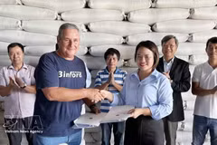 AgriVMA公司经理阮氏香与洛斯帕拉西奥斯农业公司总经理米歇尔·巴利亚特·卡梅霍共同签署交付合同。（图片来源：越通社）