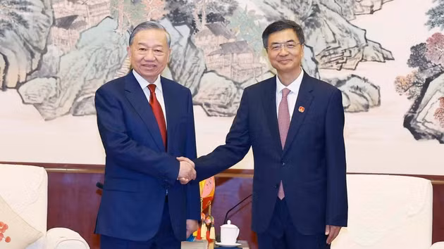 越共中央总书记、越南国家主席苏林会见中国广西壮族自治区党委书记陈刚。（图片来源：越通社）