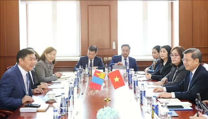 越南最高人民法院代表团与蒙古国最高法院举行工作会谈。（图片来源：越通社）