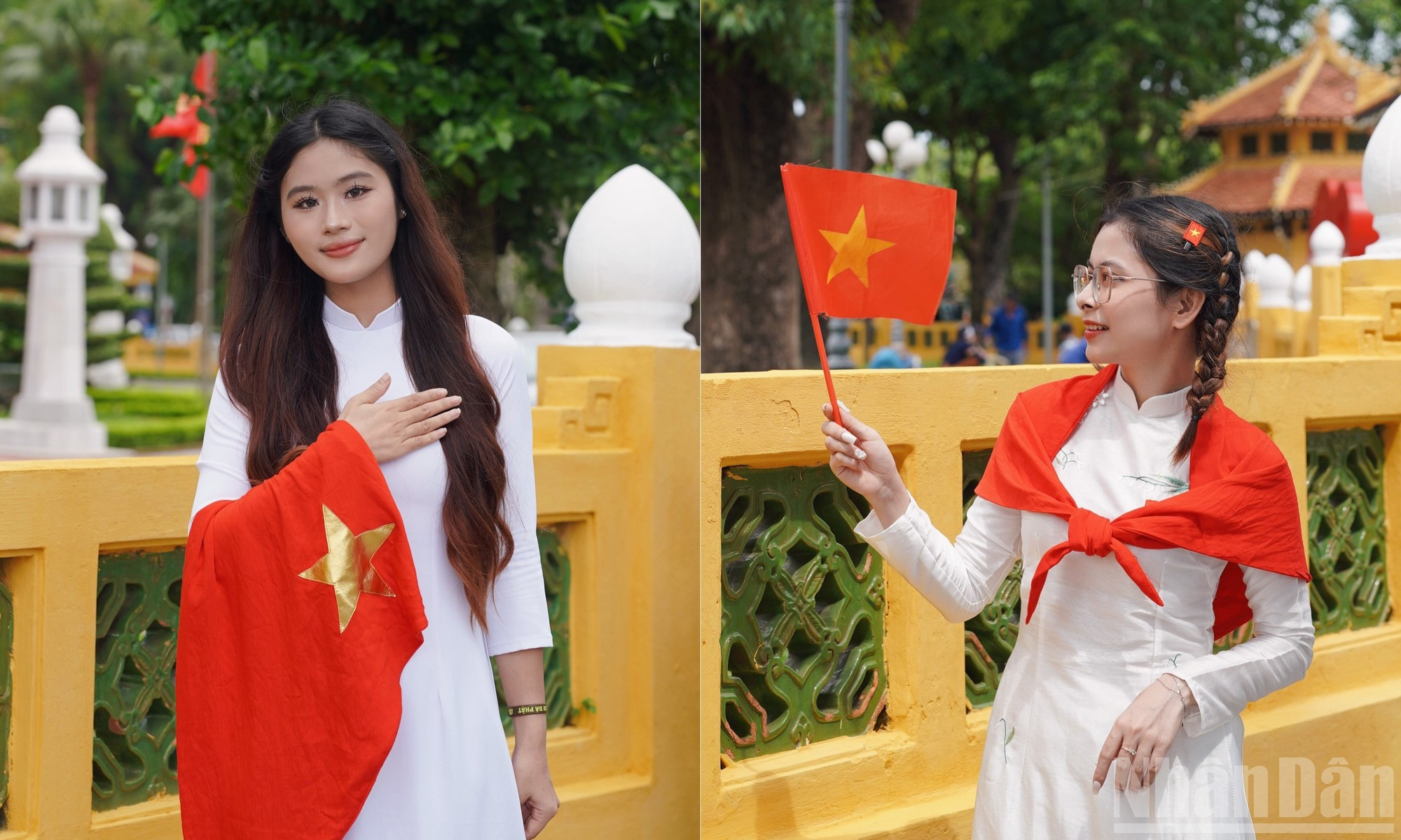 年轻人与金星红旗拍照，传播民族自豪感。