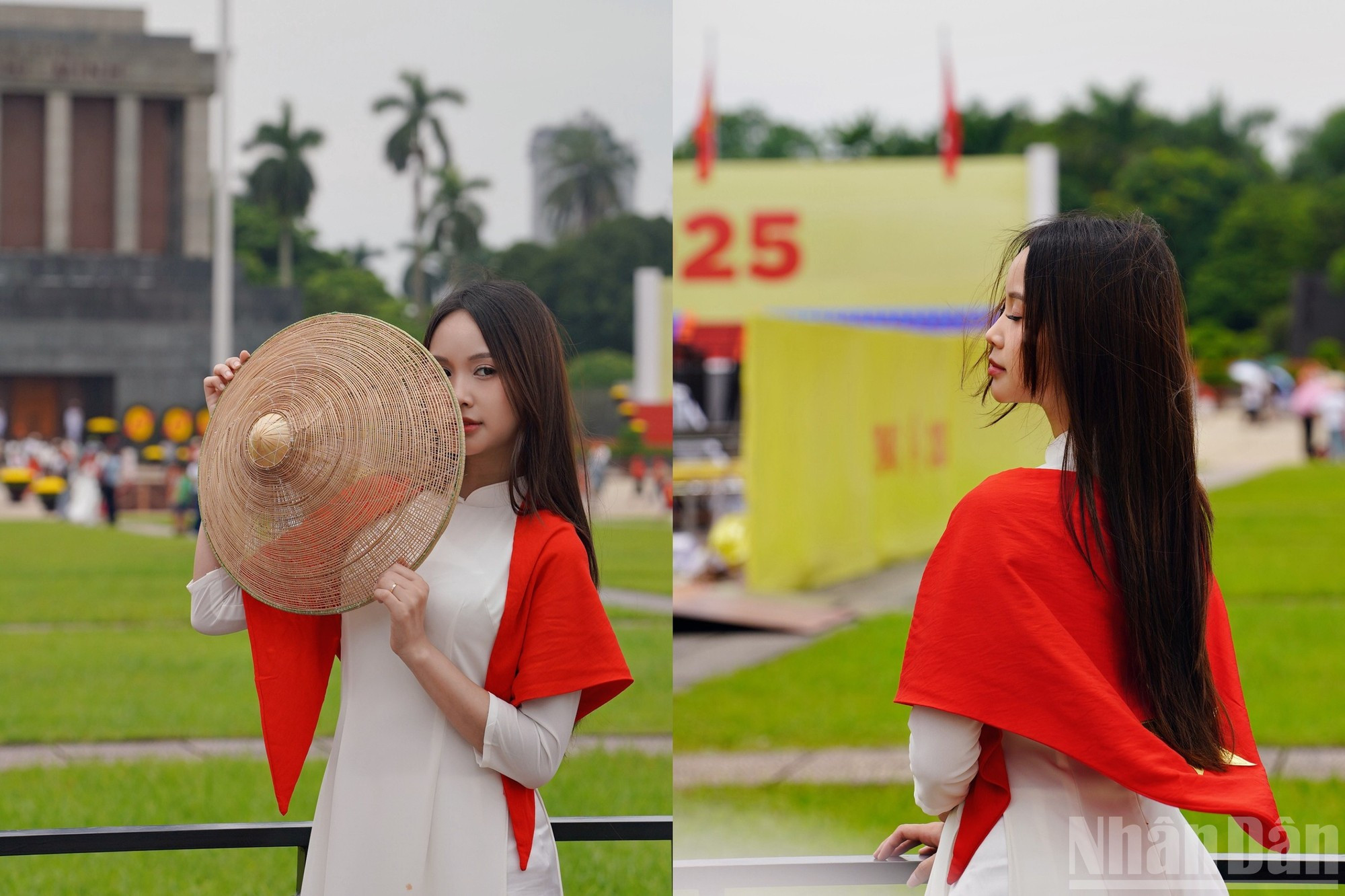 穿着白色奥黛的一名年轻人。