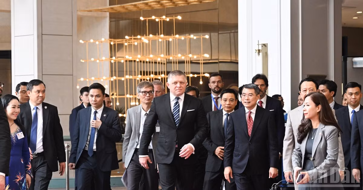 越南政府总理黎明兴和斯洛伐克政府总理罗伯特·菲佐出席斯洛伐克-越南企业论坛。（陈海 摄）