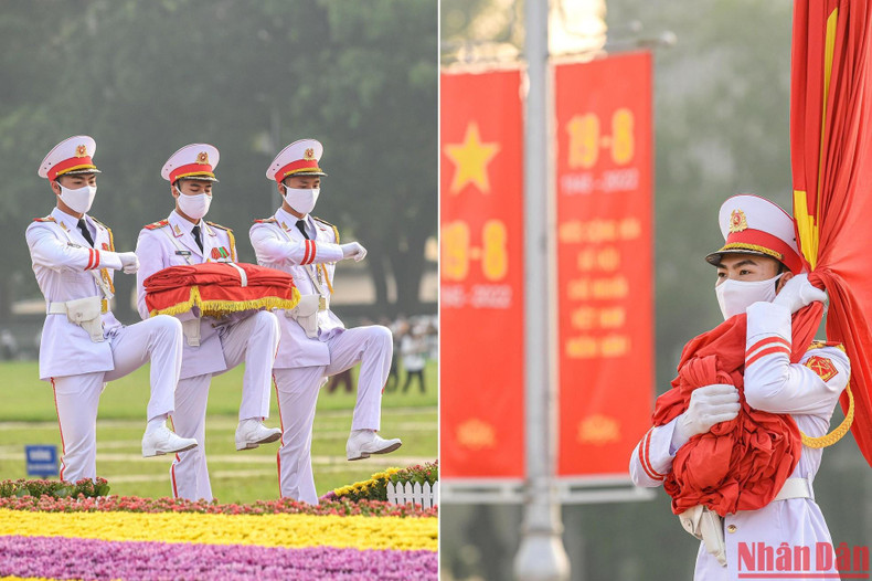 战士们小心翼翼地精准而端庄进行每一个动作。