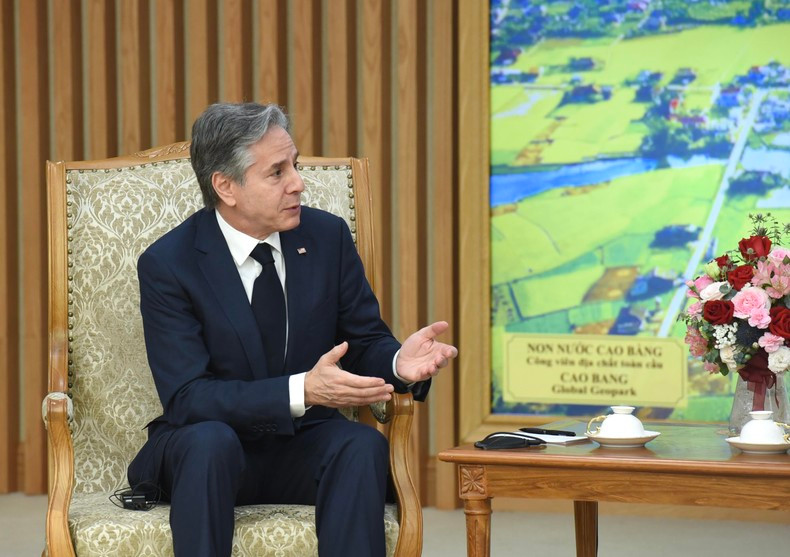 美国国务卿安东尼·布林肯在会见时发表讲话。 美国国务卿安东尼·布林肯在会见时发表讲话。