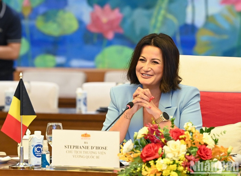 比利时参议院议长斯蒂芬妮·德霍斯在会谈上发表讲话。 比利时参议院议长斯蒂芬妮·德霍斯在会谈上发表讲话。