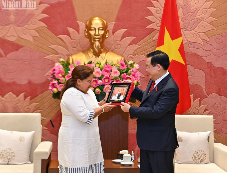 国会主席王廷惠向古巴妇联总书记阿玛雷耶赠送纪念品。 国会主席王廷惠向古巴妇联总书记阿玛雷耶赠送纪念品。