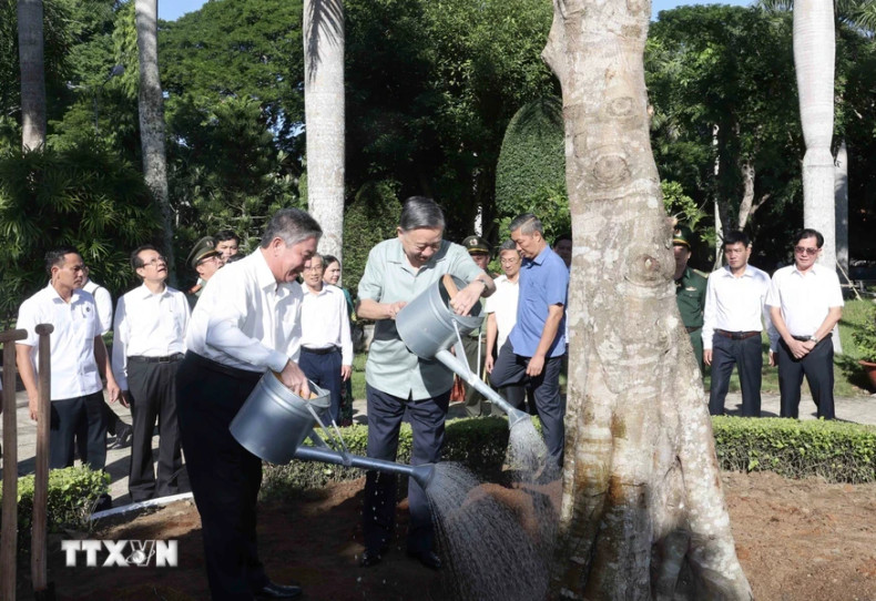 苏林主席在胡志明主席祠堂种树。