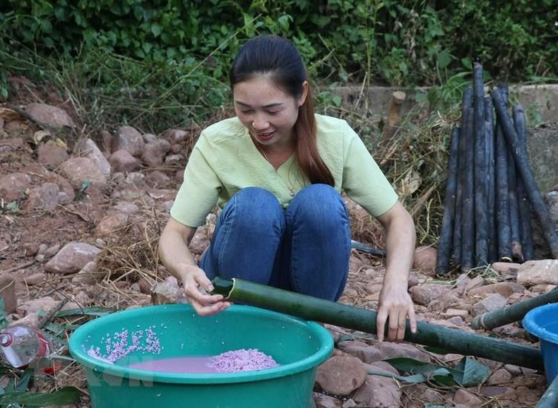 拿麆村民将米置于竹筒内蒸熟, 做竹筒饭。