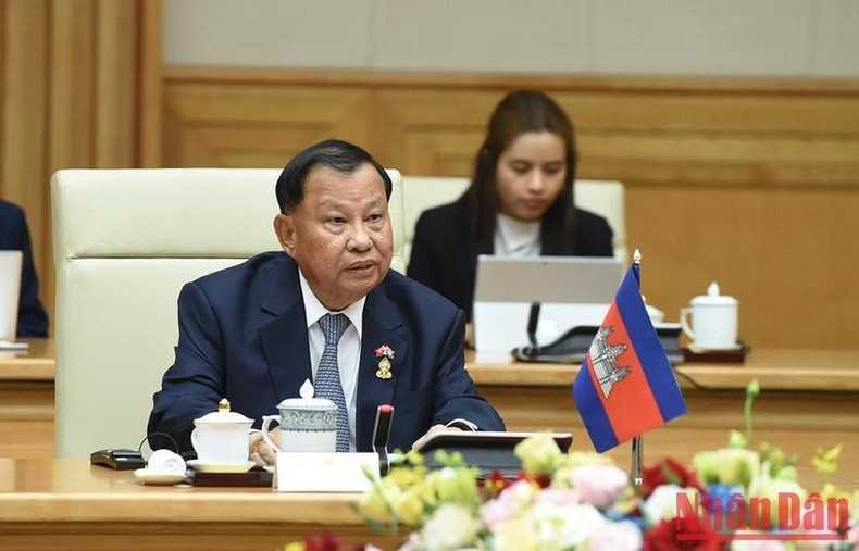 柬埔寨参议院主席赛冲在会见上发言。