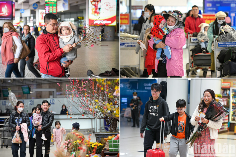 各户家庭在内排国际航空港乘机回家过年。