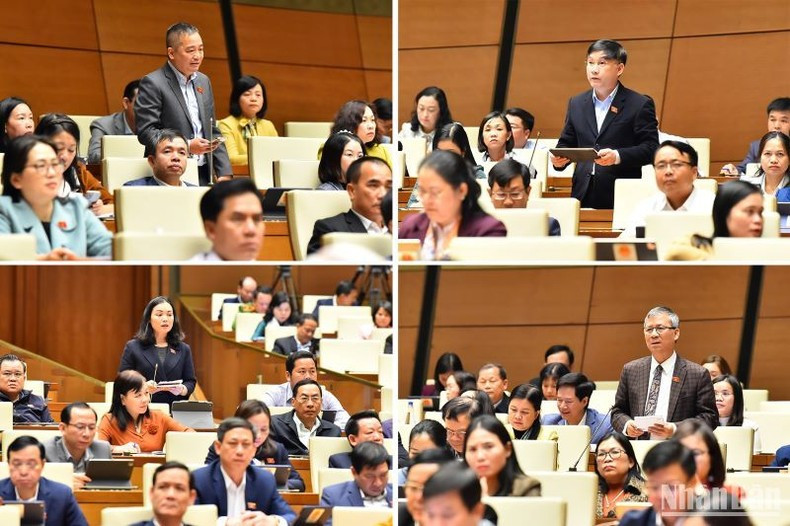 各位代表在会议上发言。 各位代表在会议上发言。