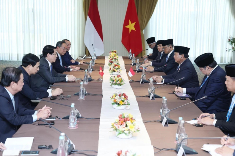 越南国家主席梁强会见印度尼西亚总统拉博沃·苏比安托。（图片来源：越通社）
