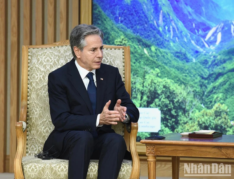 美国国务卿安东尼·布林肯在会见时发表讲话。 美国国务卿安东尼·布林肯在会见时发表讲话。