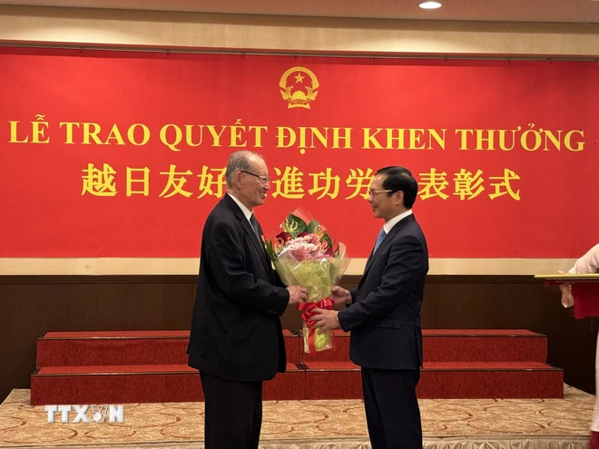 裴青山部长向日本人民外交促进会执行主席松泽健授予友谊徽章。（图片来源：越通社）