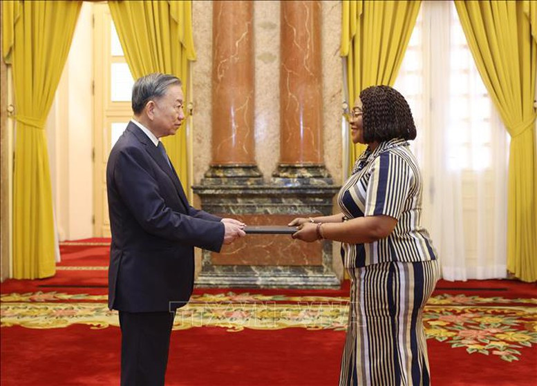 加纳共和国驻越南大使Florence Buerki Akonor向越共中央总书记、国家主席习苏林递交国书。 加纳共和国驻越南大使Florence Buerki Akonor向越共中央总书记、国家主席习苏林递交国书。