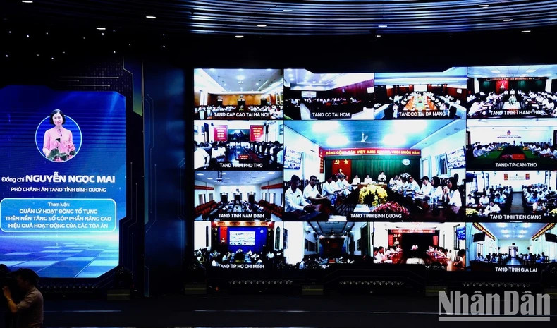 平阳省人民法院副院长阮玉梅在平阳省会场发表讲话。