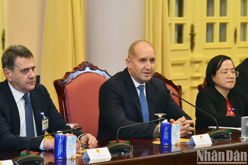 保加利亚总统鲁门·拉德夫在会谈上发表讲话。