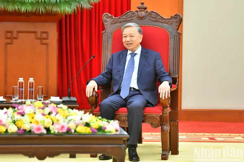 越共中央总书记苏林在会见时发表讲话。